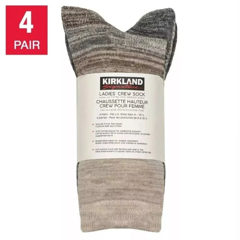 Kirkland 4 Pack Woman Extra-Fine Merino Wool Tall Crew Socks Footwear 6-10.5